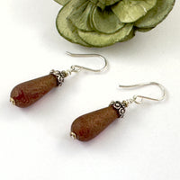Czech Glass Textured Burnt Orange Dangle Drop Earrings in Sterling Silver