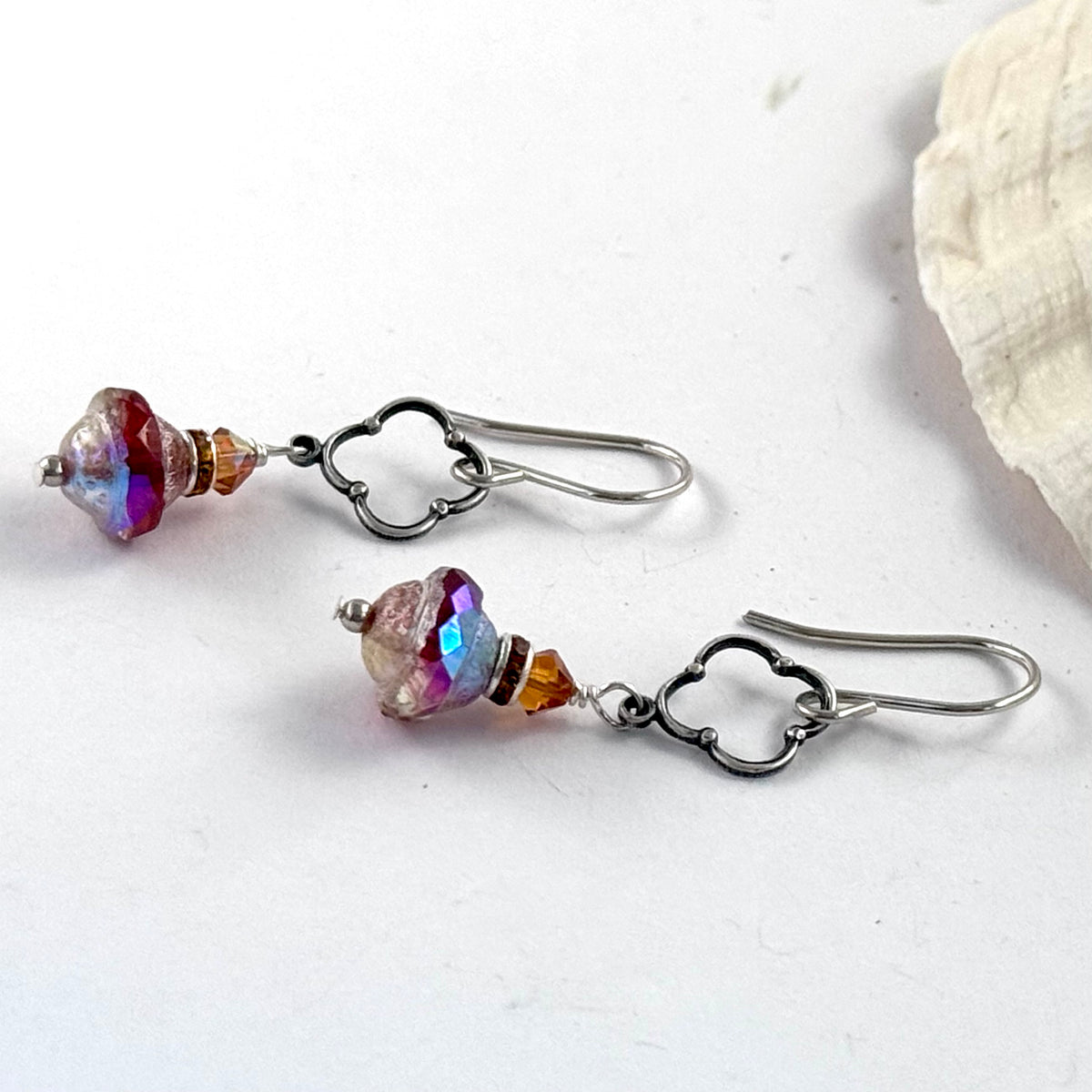 Czech Glass Pale Crimson Saturn Earrings in Sterling Silver