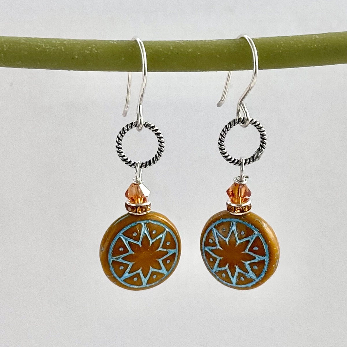 Czech Glass Orange and Blue Ishtar Earrings in Sterling Silver