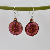 Huge Round Burnt Orange Czech Glass Sun Bohemian Drop Earrings in Sterling Silver