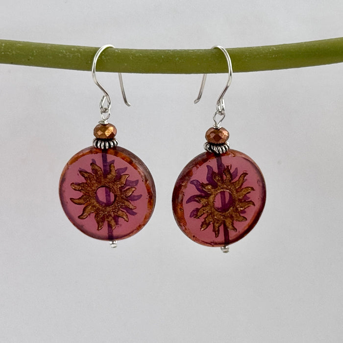 Huge Round Burnt Orange Czech Glass Sun Bohemian Drop Earrings in Sterling Silver