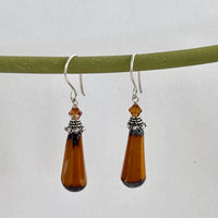 Czech Glass Orange Faceted Dangle Drop Earrings in Sterling Silver