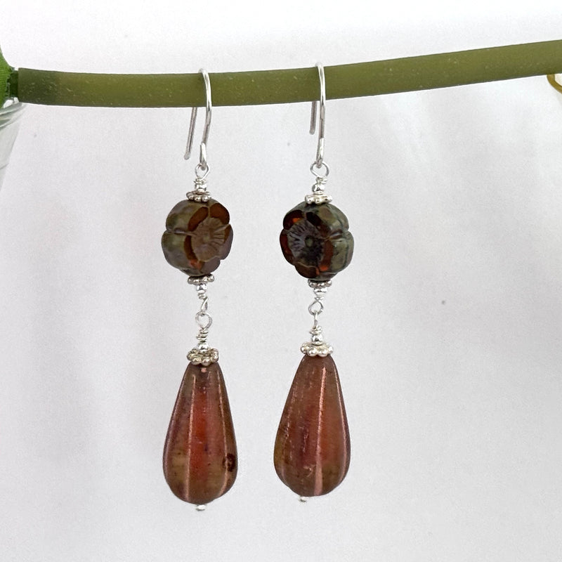 Czech Glass Orange and Amber Drop Earrings in Sterling Silver