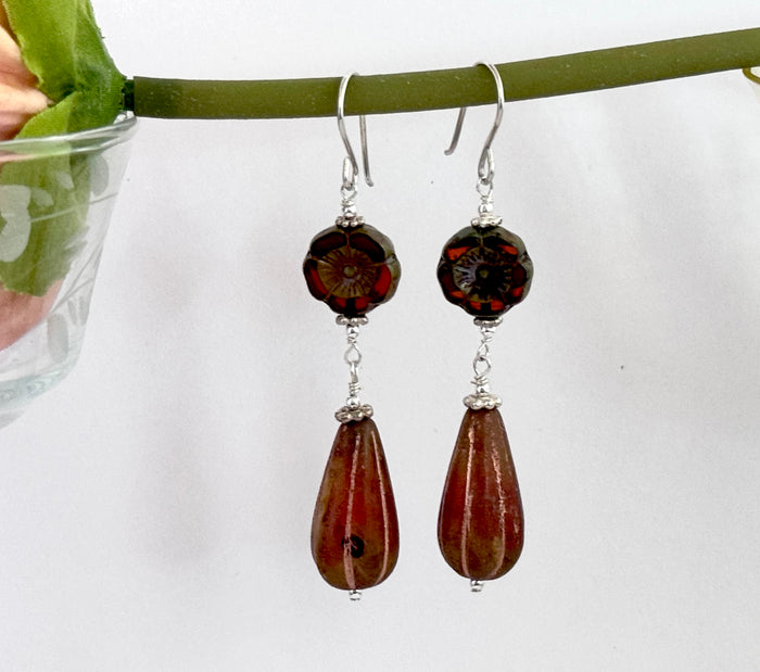 Czech Glass Orange and Amber Drop Earrings in Sterling Silver