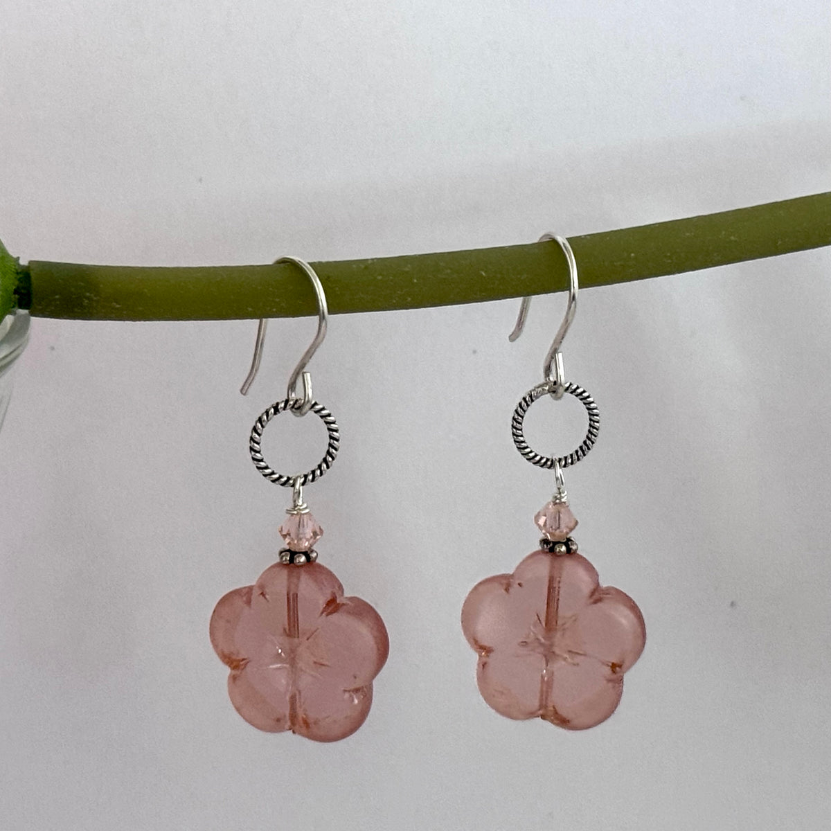 Czech Glass Pale Pink Flower Drop Earrings in Sterling Silver