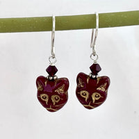 Czech Glass Red Cat Earrings in Sterling Silver