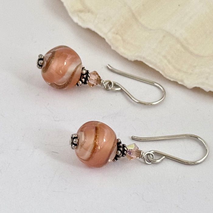 Czech Glass Peach Lampwork Earrings in Sterling Silver