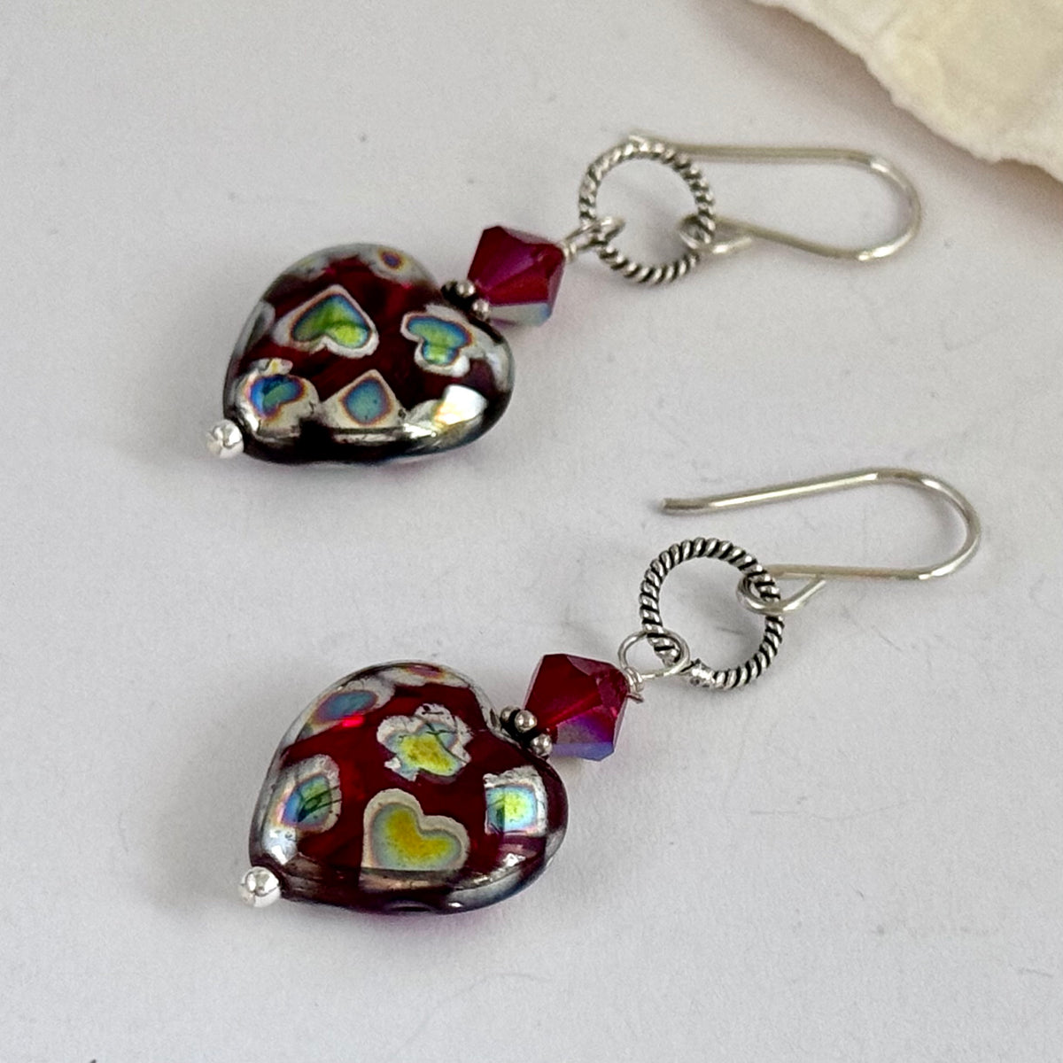 Czech Glass Red Mirror Heart Drop Earrings in Sterling Silver