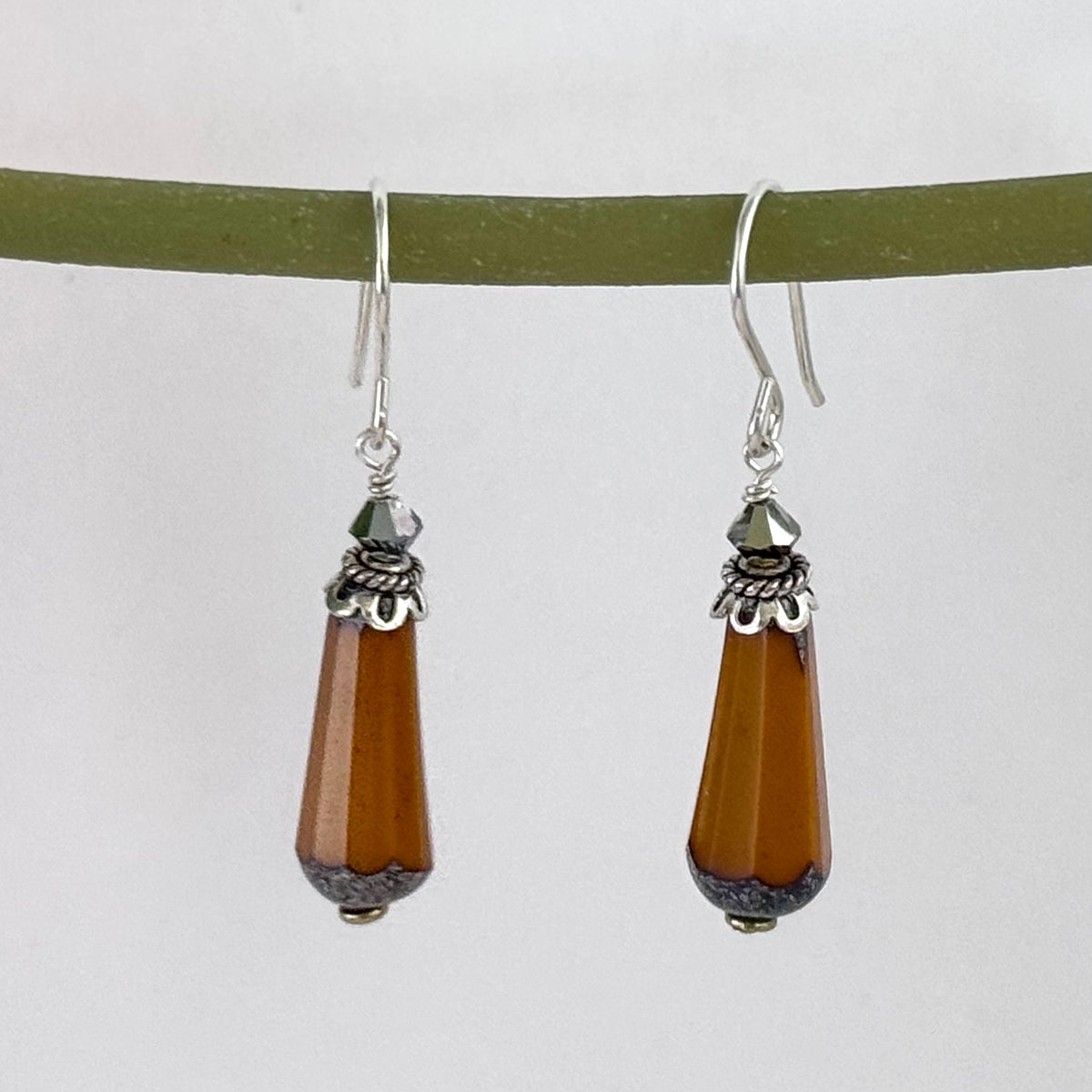 Czech Glass Orange Faceted Dangle Drop Earrings in Sterling Silver