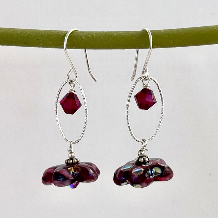 Czech Glass Dark Pink "Mirror" Flower Drop Earrings in Sterling Silver