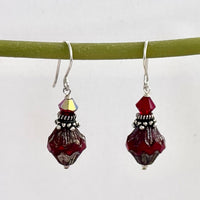 Red Baroque Czech Glass Bicone Drop Earrings with Swarovski Crystals, in Sterling Silver