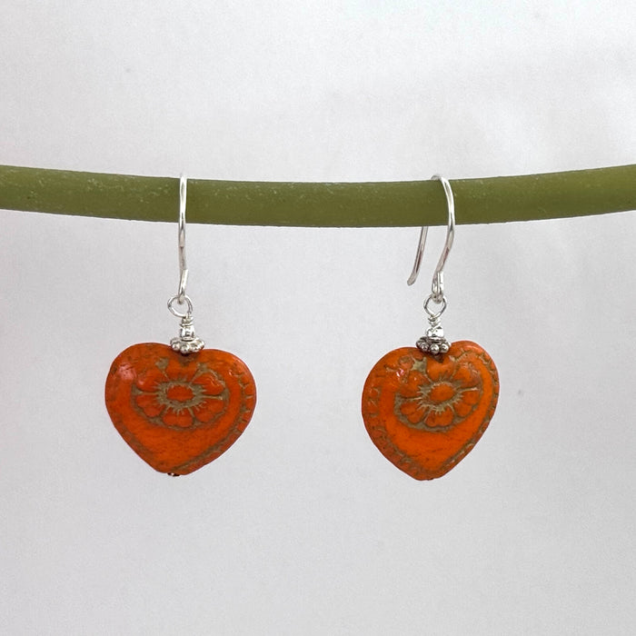 Czech Glass Orange Heart Earrings in Sterling Silver