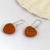 Czech Glass Orange Heart Earrings in Sterling Silver