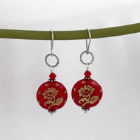 Large Red Glass Dangle Drop Earrings in Sterling Silver