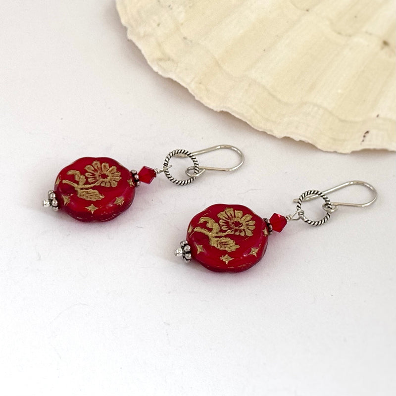 Large Red Glass Dangle Drop Earrings in Sterling Silver