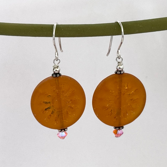 Huge Round Orange Sun Czech Glass Bohemian Drop Earrings in Sterling Silver