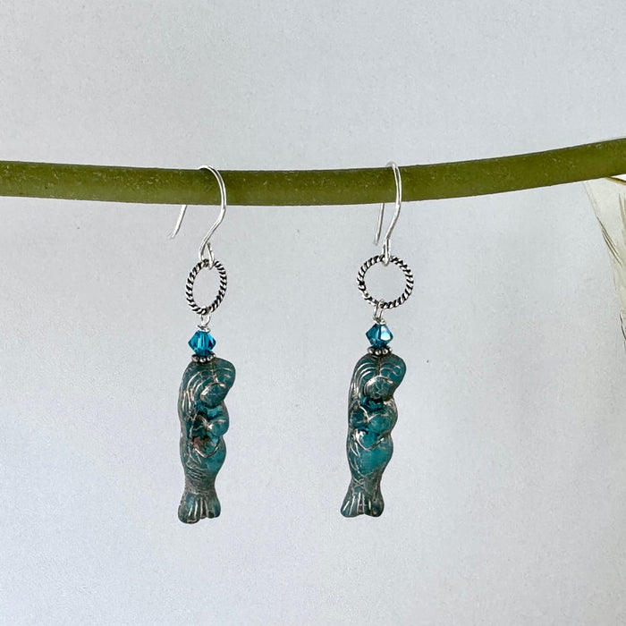 Czech Glass Dark Teal Mermaid Earrings in Sterling Silver