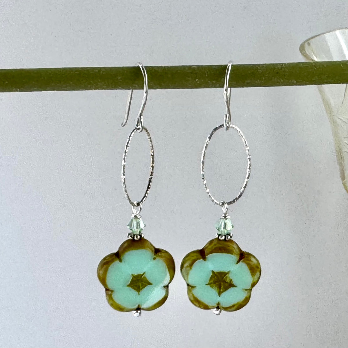 Czech Glass Pale Green Flower Earrings in Sterling Silver