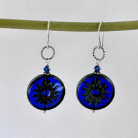 Huge Round Indigo Blue Sun Czech Glass Bohemian Drop Earrings in Sterling Silver