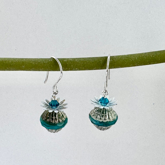 Czech Glass Seafoam Green Saturn Earrings in Sterling Silver