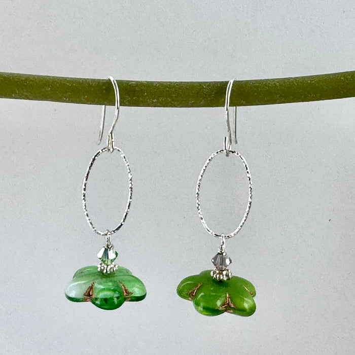 Czech Glass Light Green Flower Drop Earrings in Sterling Silver