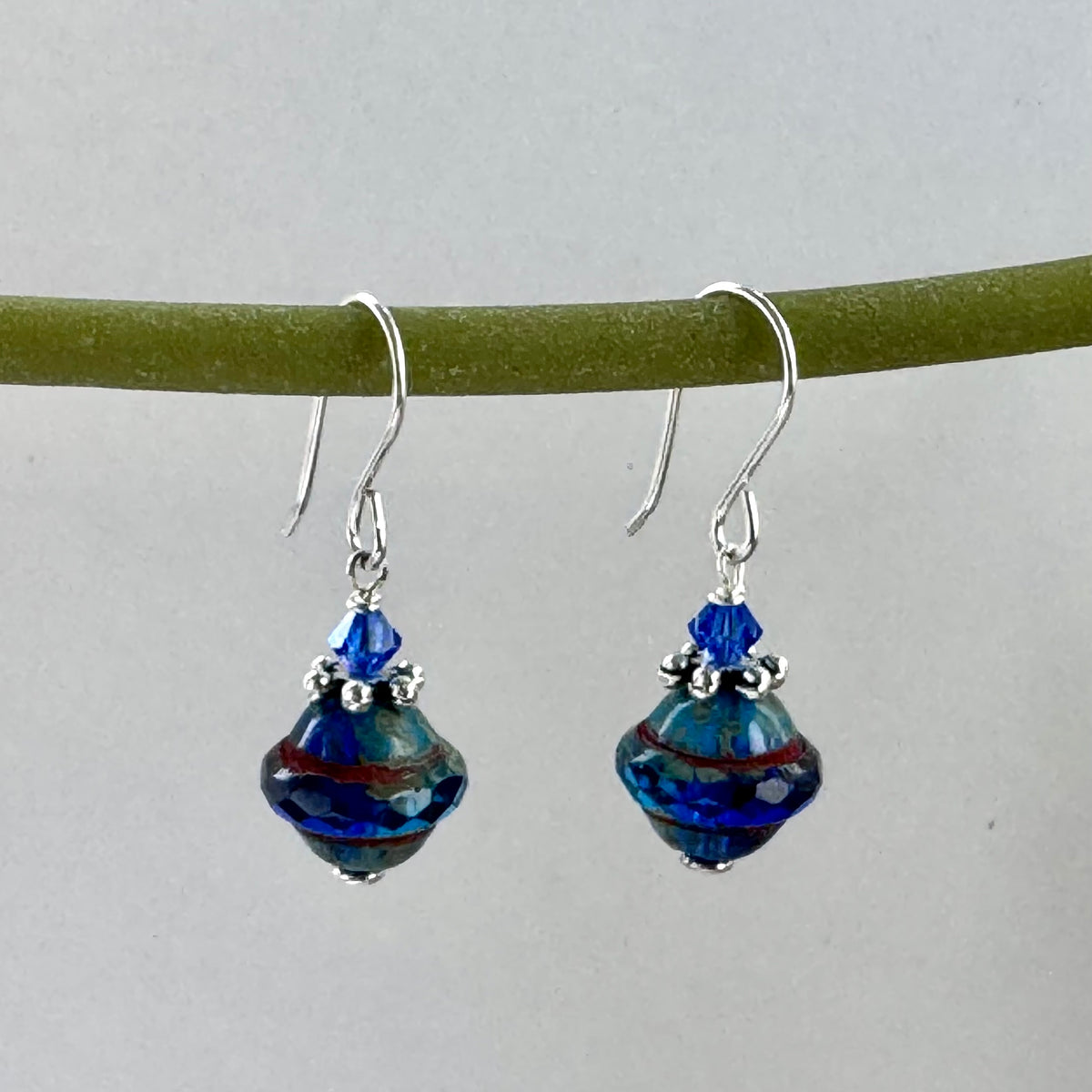 Czech Glass Navy Blue Saturn Earrings in Sterling Silver