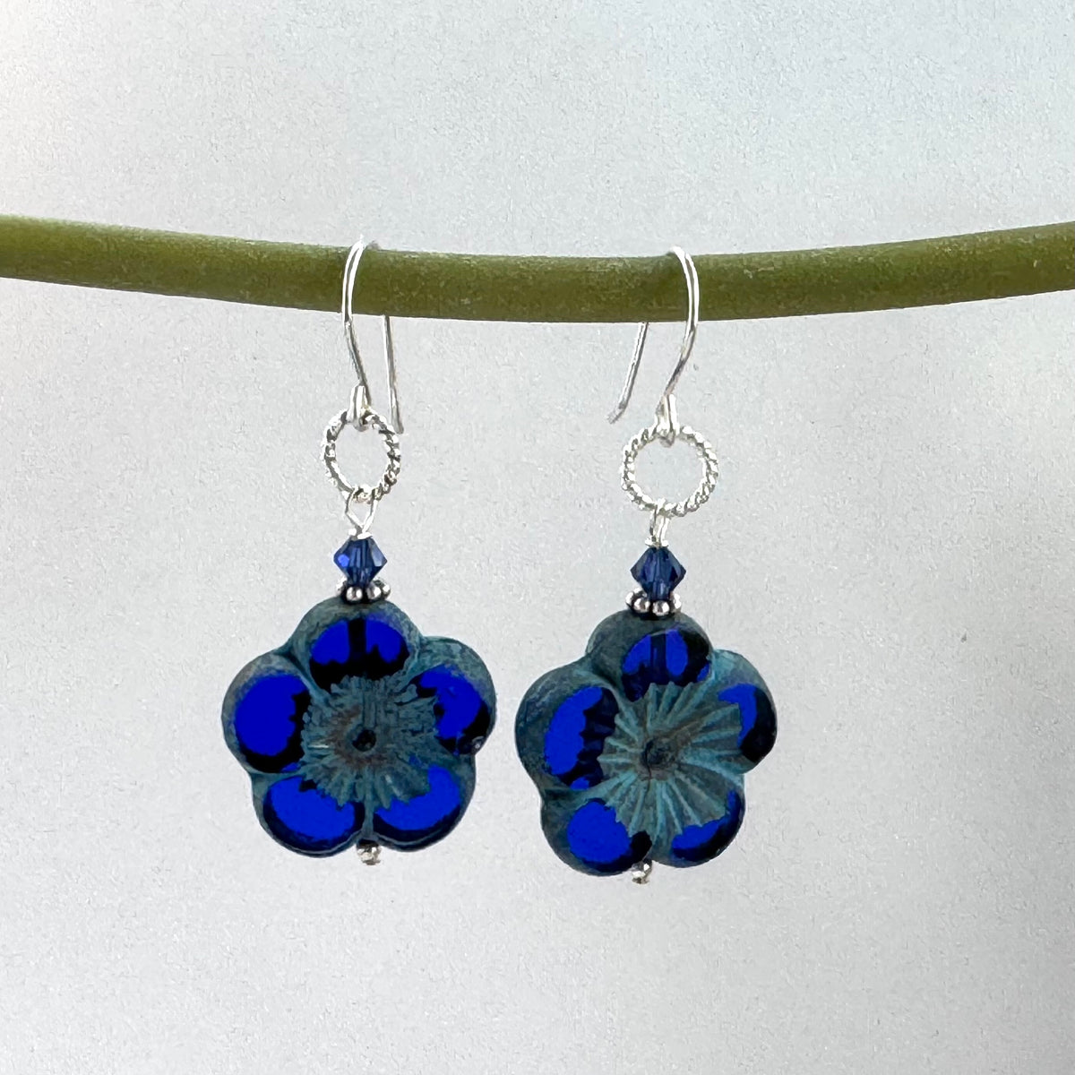 Large Round Indigo Blue Flower Czech Glass Bohemian Drop Earrings in Sterling Silver