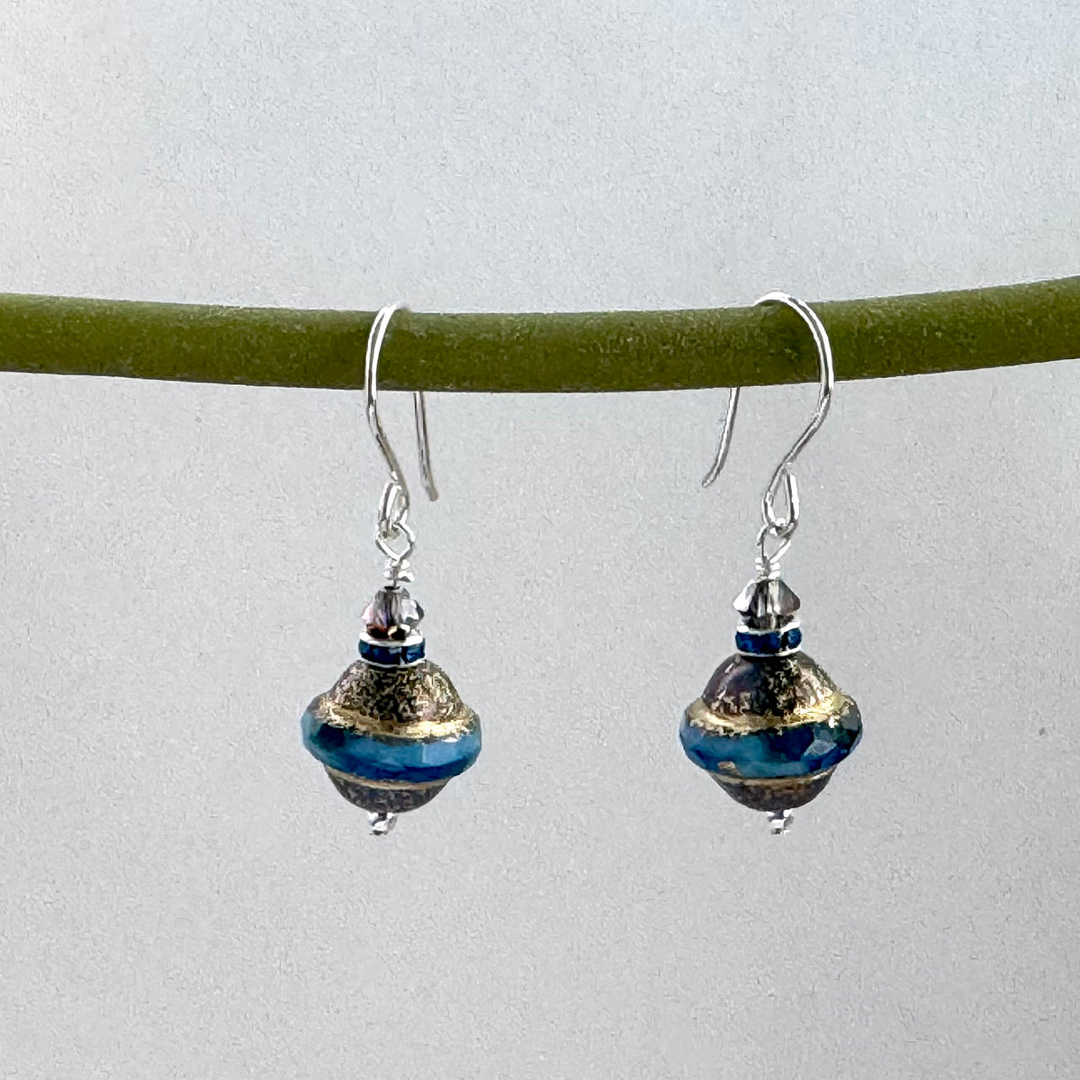 Czech Glass Blue and Gold Saucer Earrings in Sterling Silver