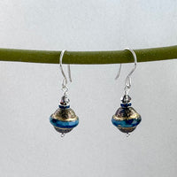 Czech Glass Blue and Gold Saucer Earrings in Sterling Silver