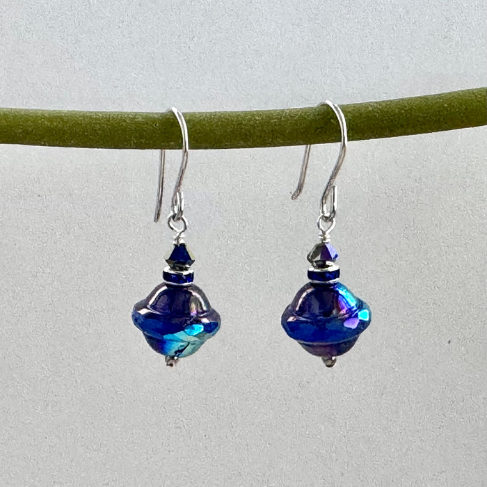 Czech Glass Royal Blue and Purple Saucer Earrings in Sterling Silver