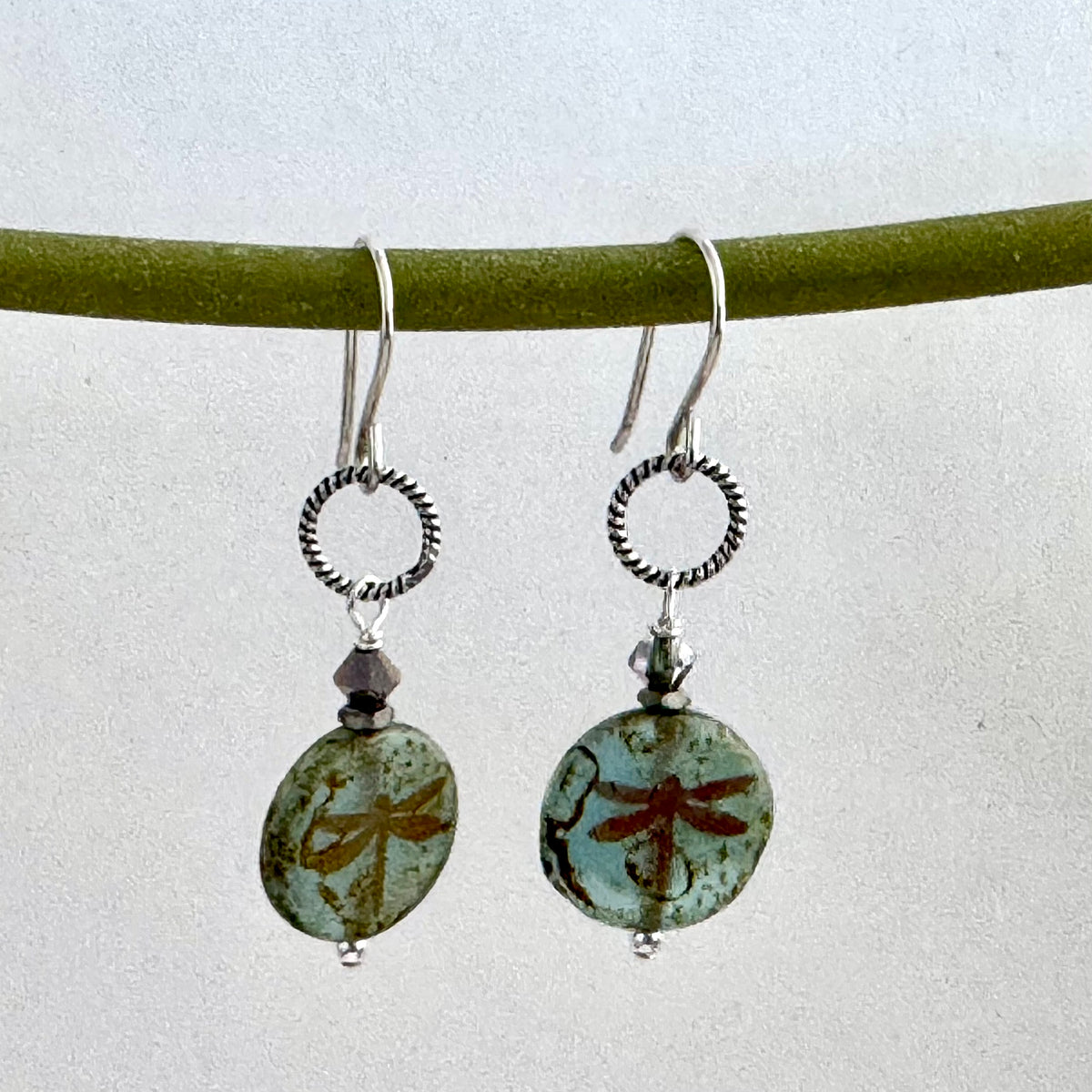 Czech Teal Coin Dragonfly Earrings in Sterling Silver