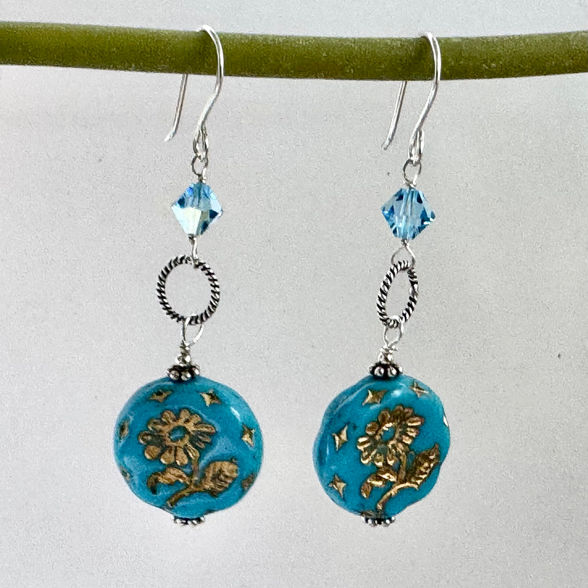 Large Caribbean Blue Czech Glass Dangle Drop Earrings in Sterling Silver