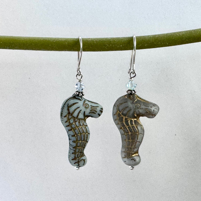 Czech Glass Light Blue Sea Horse Earrings in Sterling Silver