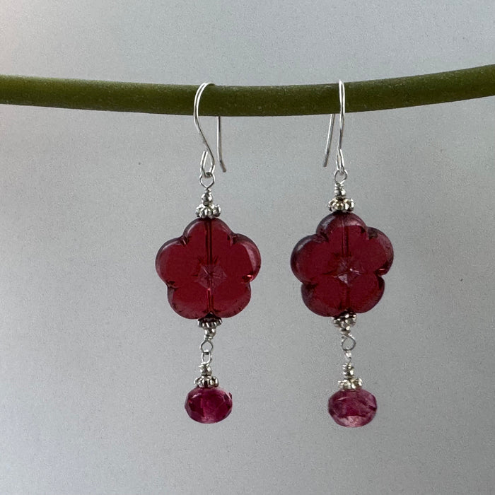 Czech Glass Dark Pink Flower Drop Earrings in Sterling Silver