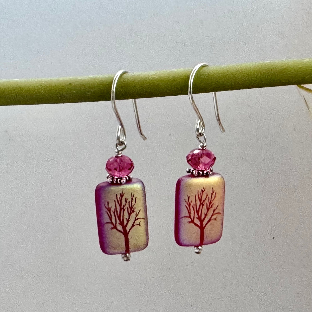 Czech Matte Ruby AB Etched Tree of Life Earrings in Sterling Silver