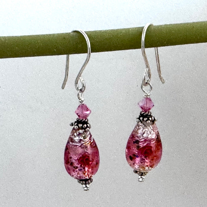 Czech "Bohemian" Pink Glass Foil Teardrop Earrings in Sterling Silver