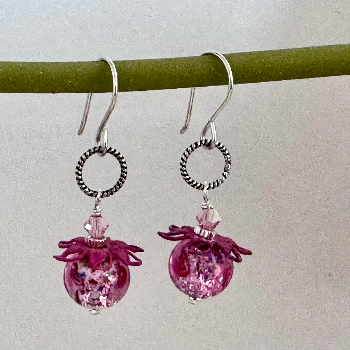 Funky Vintage Czech Lampwork Glass Pink Foil Earrings in Sterling Silver