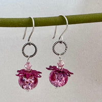 Funky Vintage Czech Lampwork Glass Pink Foil Earrings in Sterling Silver