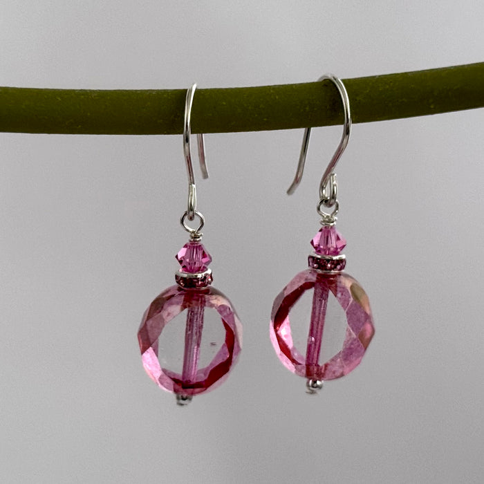 Czech Glass Pink Duel Faceted Round Drop Earrings in Sterling Silver