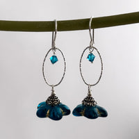 Czech Glass Dark Teal Flower Drop Earrings in Sterling Silver