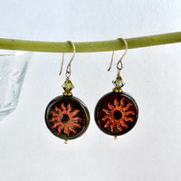 Huge Round Forest Green Czech Glass Sun Bohemian Drop Earrings in 14K Gold Fill