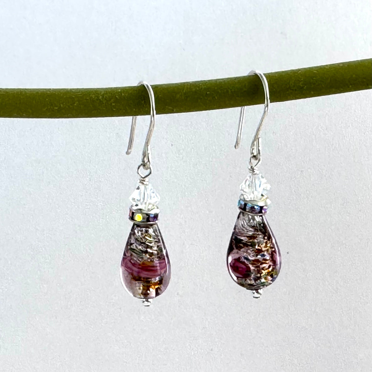 Czech "Bohemian" Purple Glass Foil Teardrop Earrings in Sterling Silver