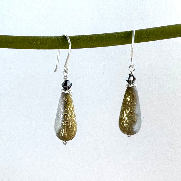 Czech Glass Textured Gold Dangle Drop Earrings in Sterling Silver