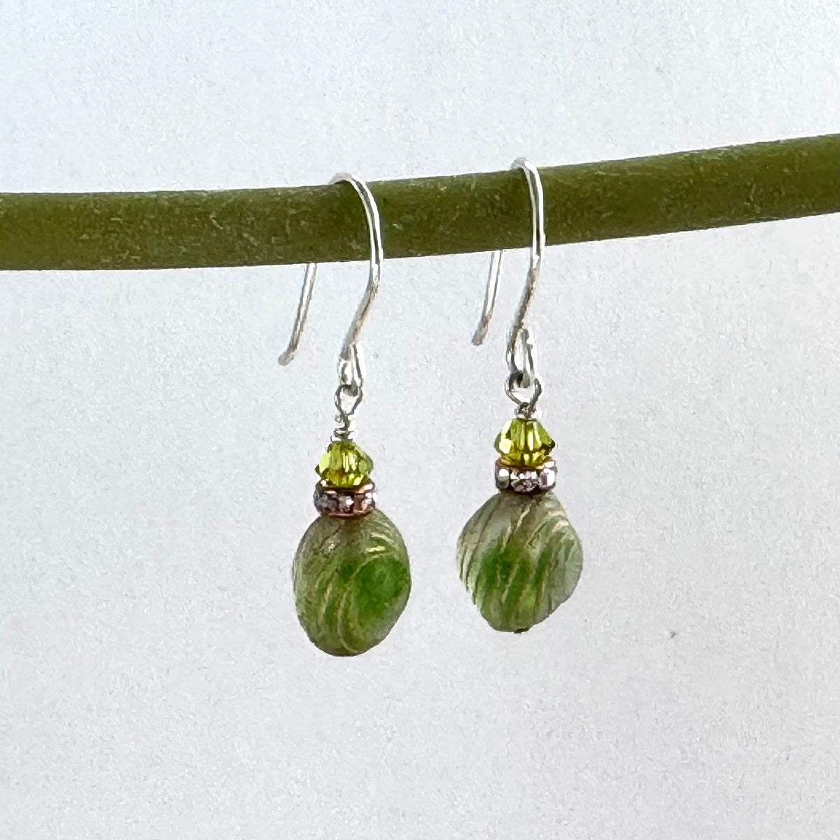 Czech Glass Green and Gold Saturn Earrings in Sterling Silver