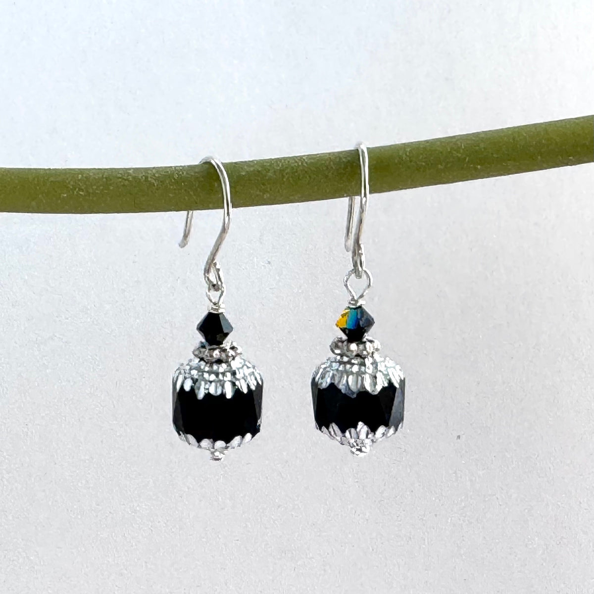 Czech Glass Black and Silver Cathedral Earrings in Sterling Silver