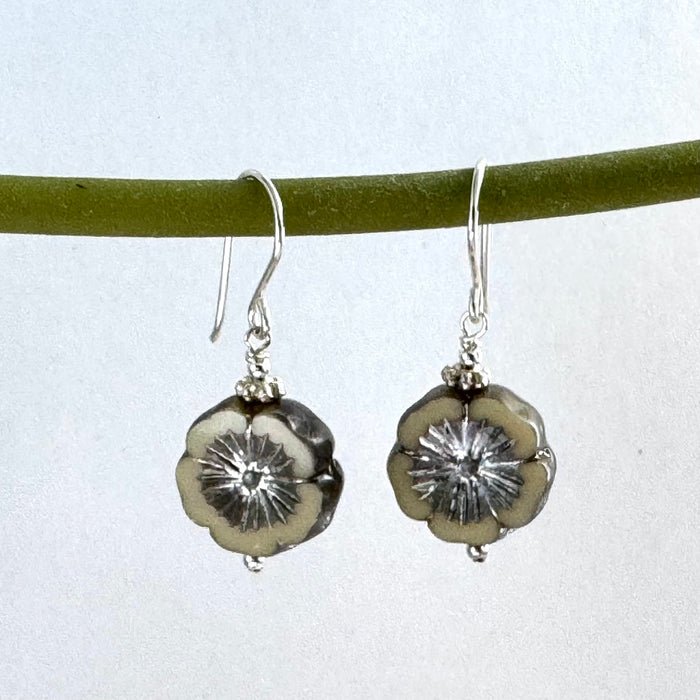 Czech Glass Silver Flower Earrings in Sterling Silver