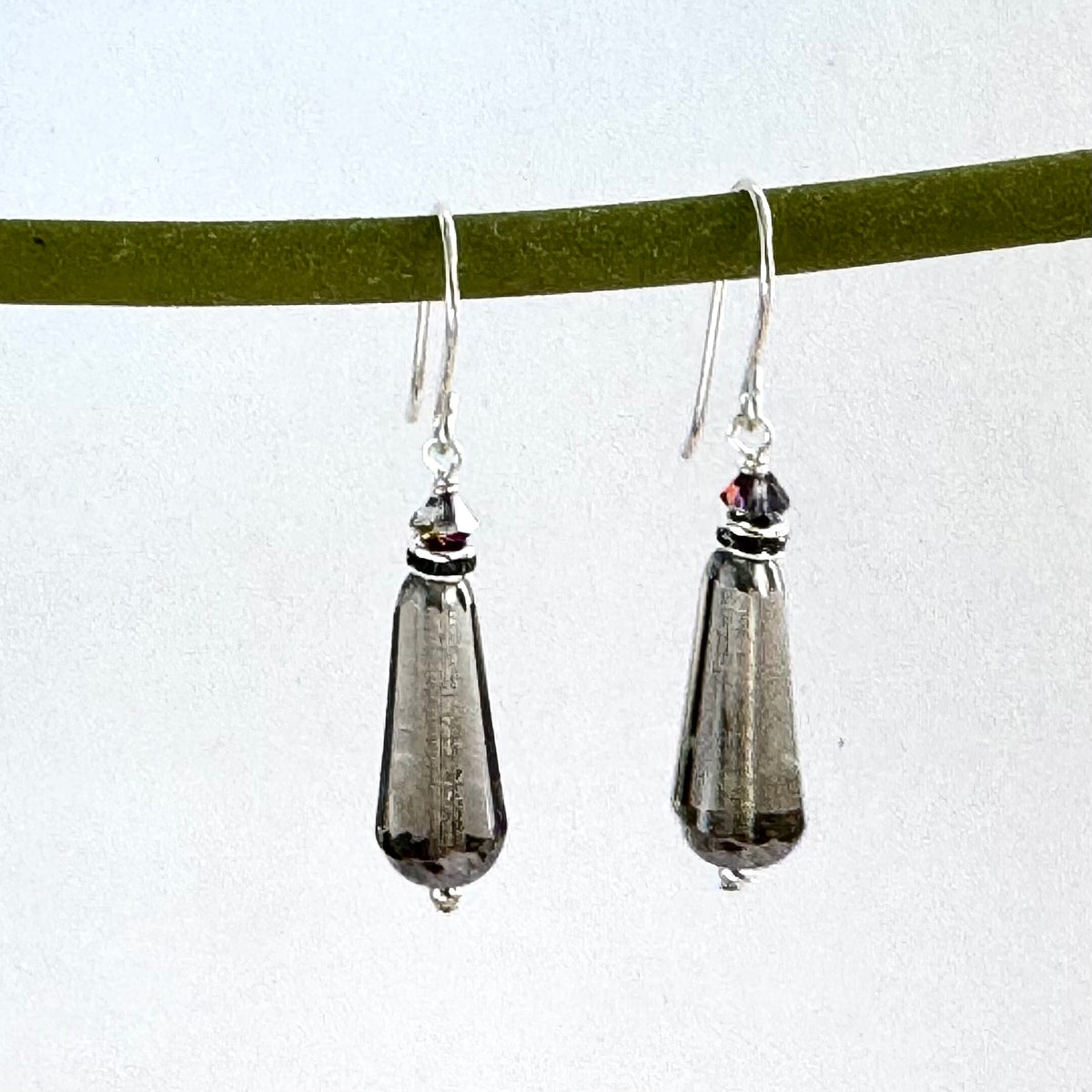 Czech Glass Gray Faceted Dangle Drop Earrings in Sterling Silver