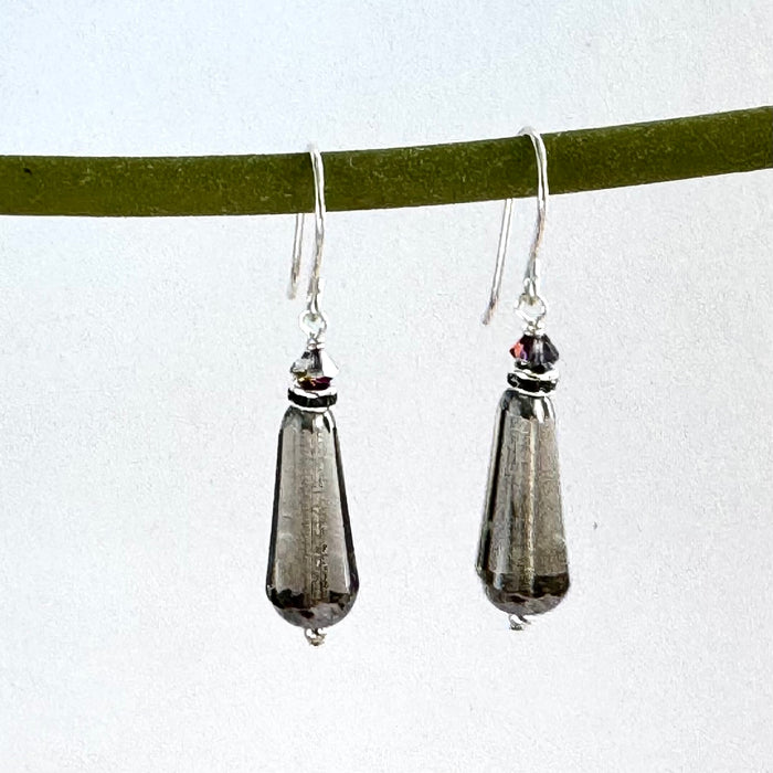 Czech Glass Gray Faceted Dangle Drop Earrings in Sterling Silver