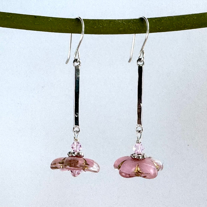 Czech Glass Light Pink Flower Drop Earrings in Sterling Silver