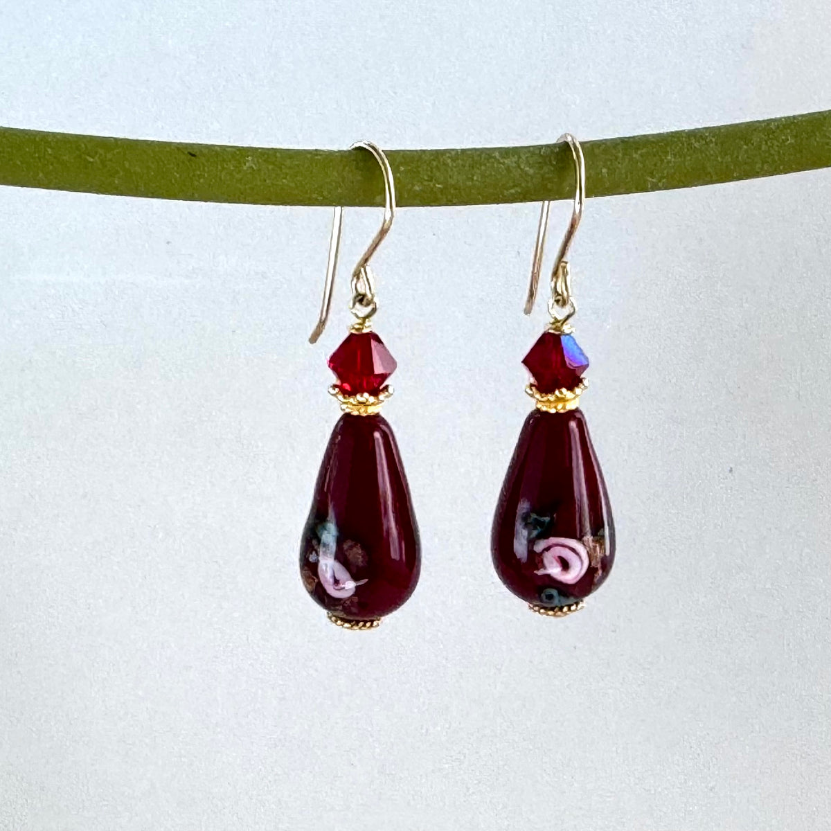 Czech Maroon Lampwork Drop Earrings with Swarovski Crystals in 14K Gold Fill